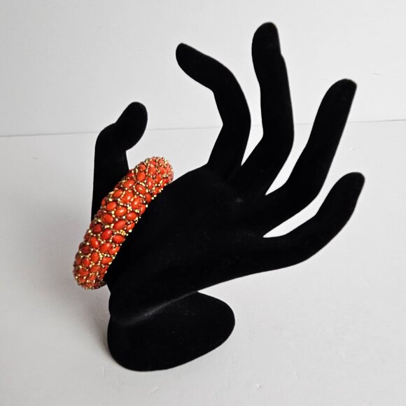 Kenneth Jay Lane Style Coral Red Orange Cabochon Hinged Heavy Bangle Bracelet - Picture 10 of 16
